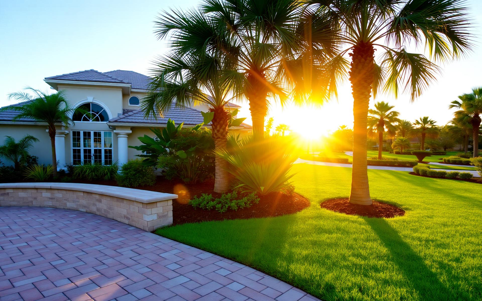 Central Florida home with paver patio, palm trees, and lush landscaping